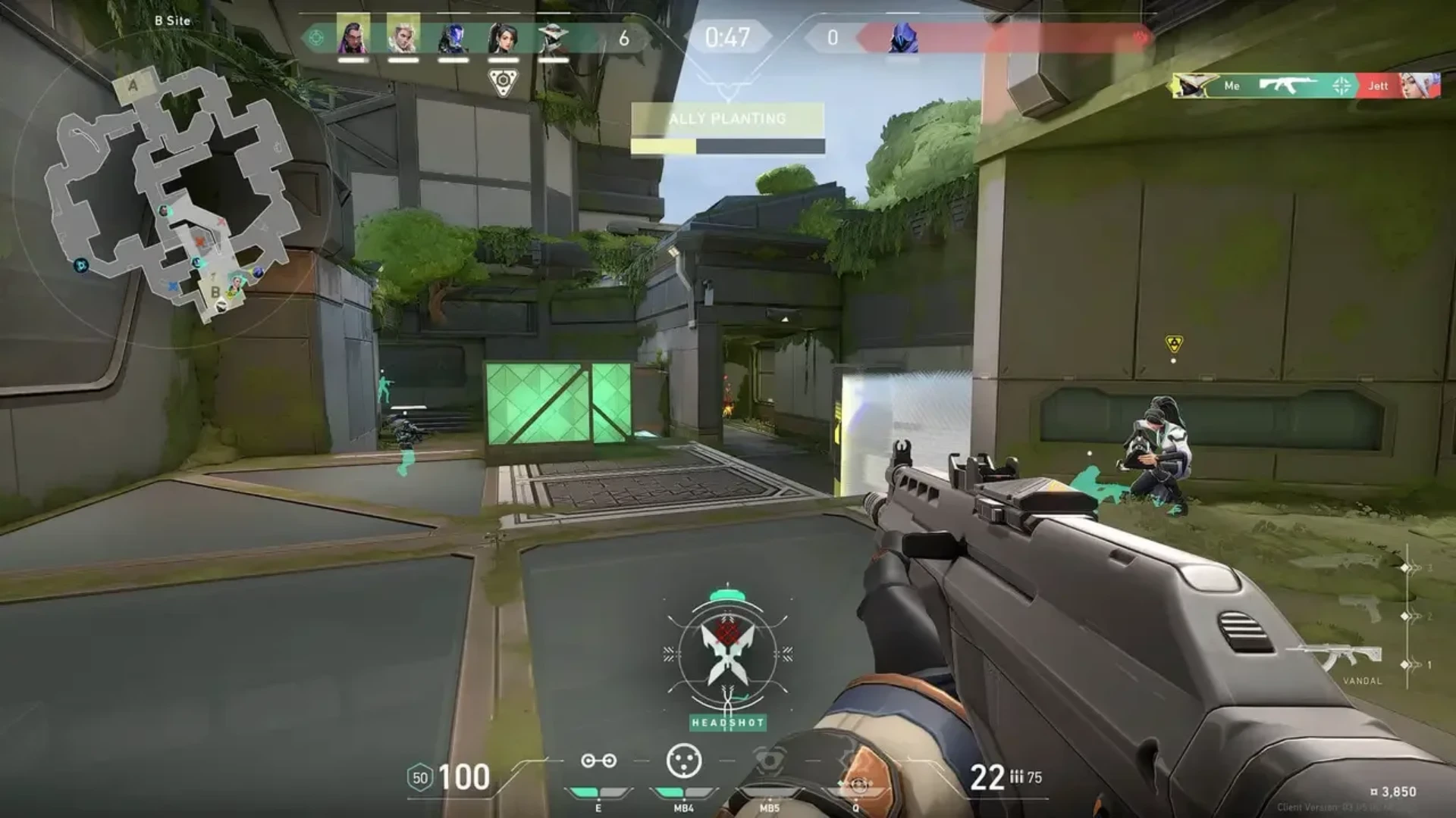 VALORANT first-person gameplay with a Vandal during a firefight at B Site