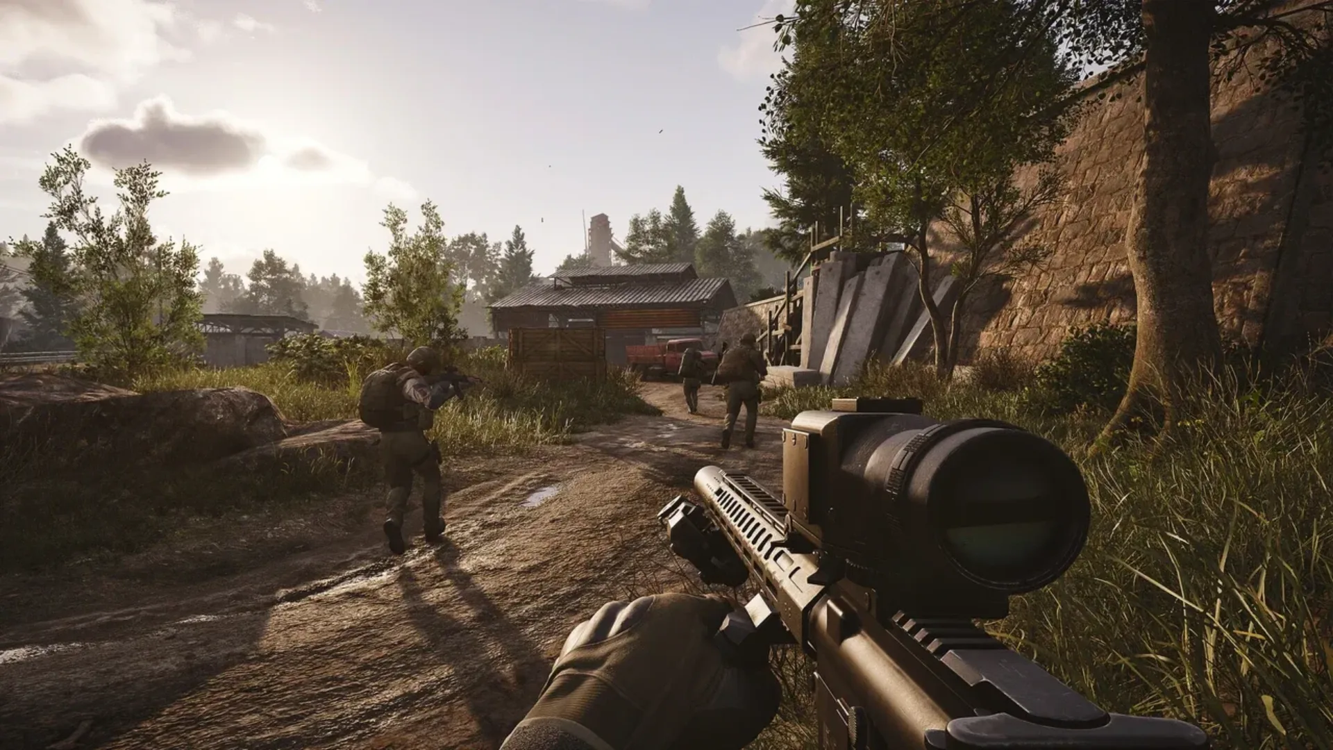 Arena Breakout Infinite first-person gameplay with an armed squad moving through an outdoor area