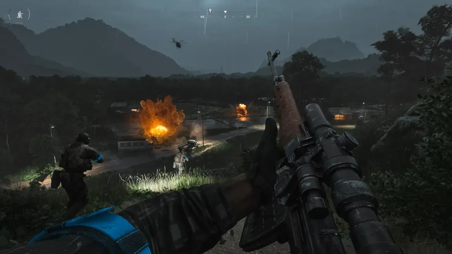 Gray Zone Warfare squad fights through a rainy jungle battlefield during a nighttime mission