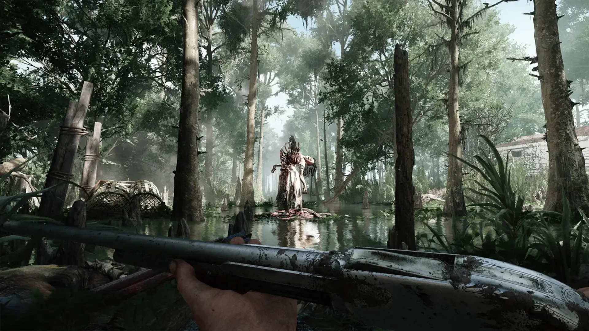 Hunt Showdown 1896 player faces a monster in a flooded forest while holding a shotgun