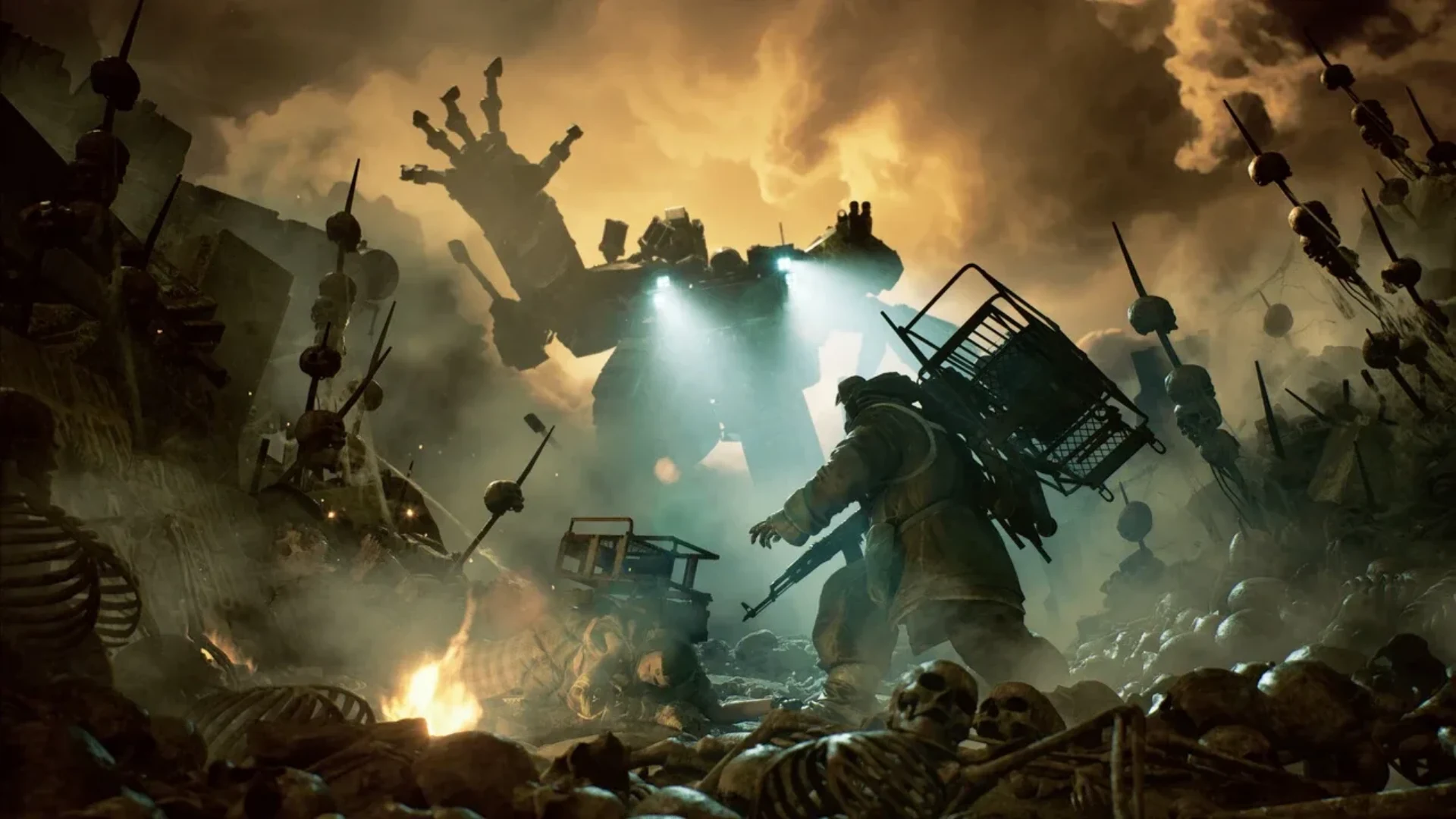The Forever Winter scavenger faces a towering war machine across a devastated battlefield
