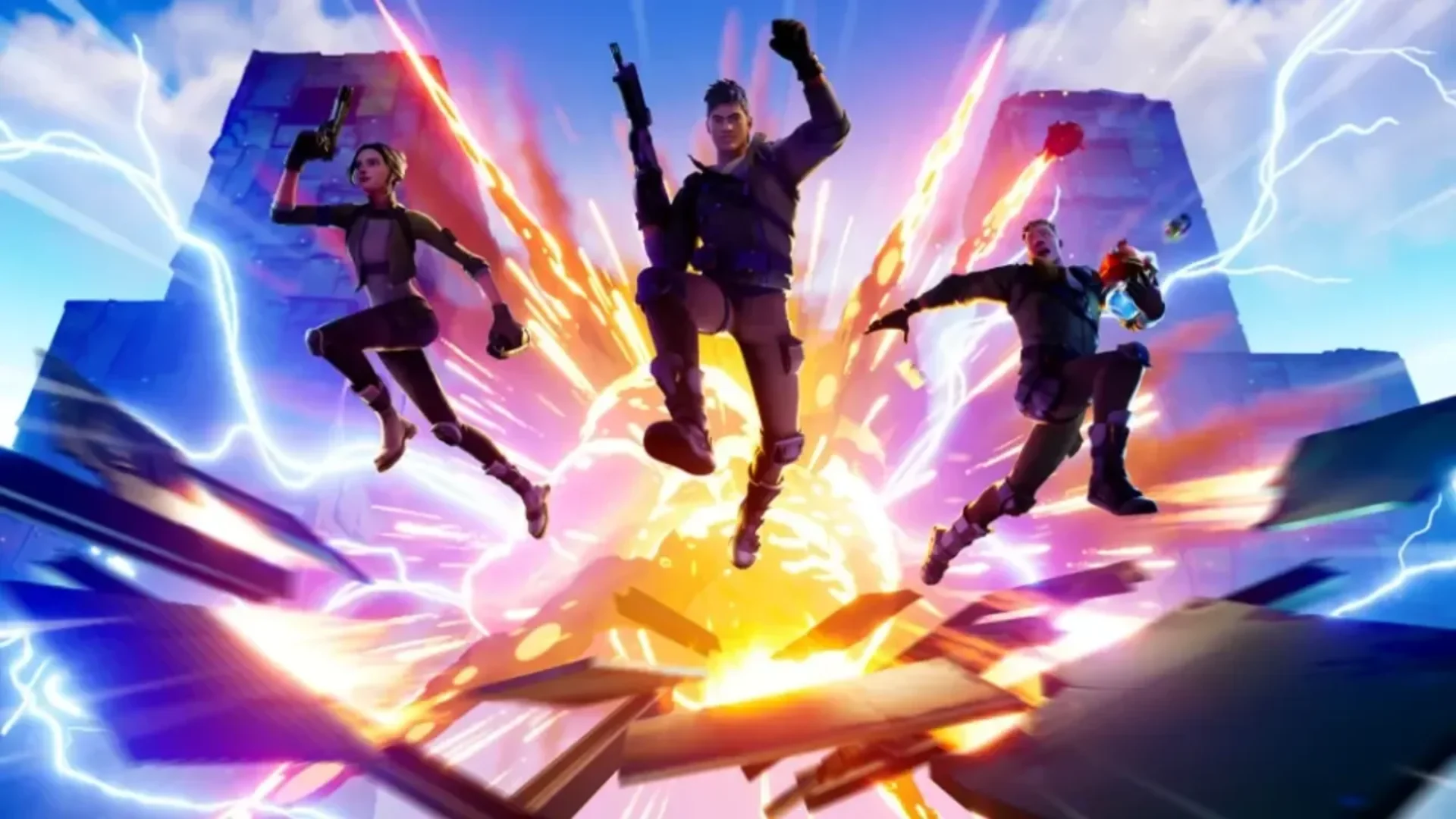 Fortnite characters leap through the air as an explosion erupts behind them