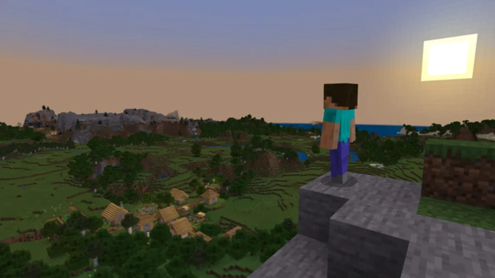 Steve stands on a mountain overlooking a Minecraft village at sunset