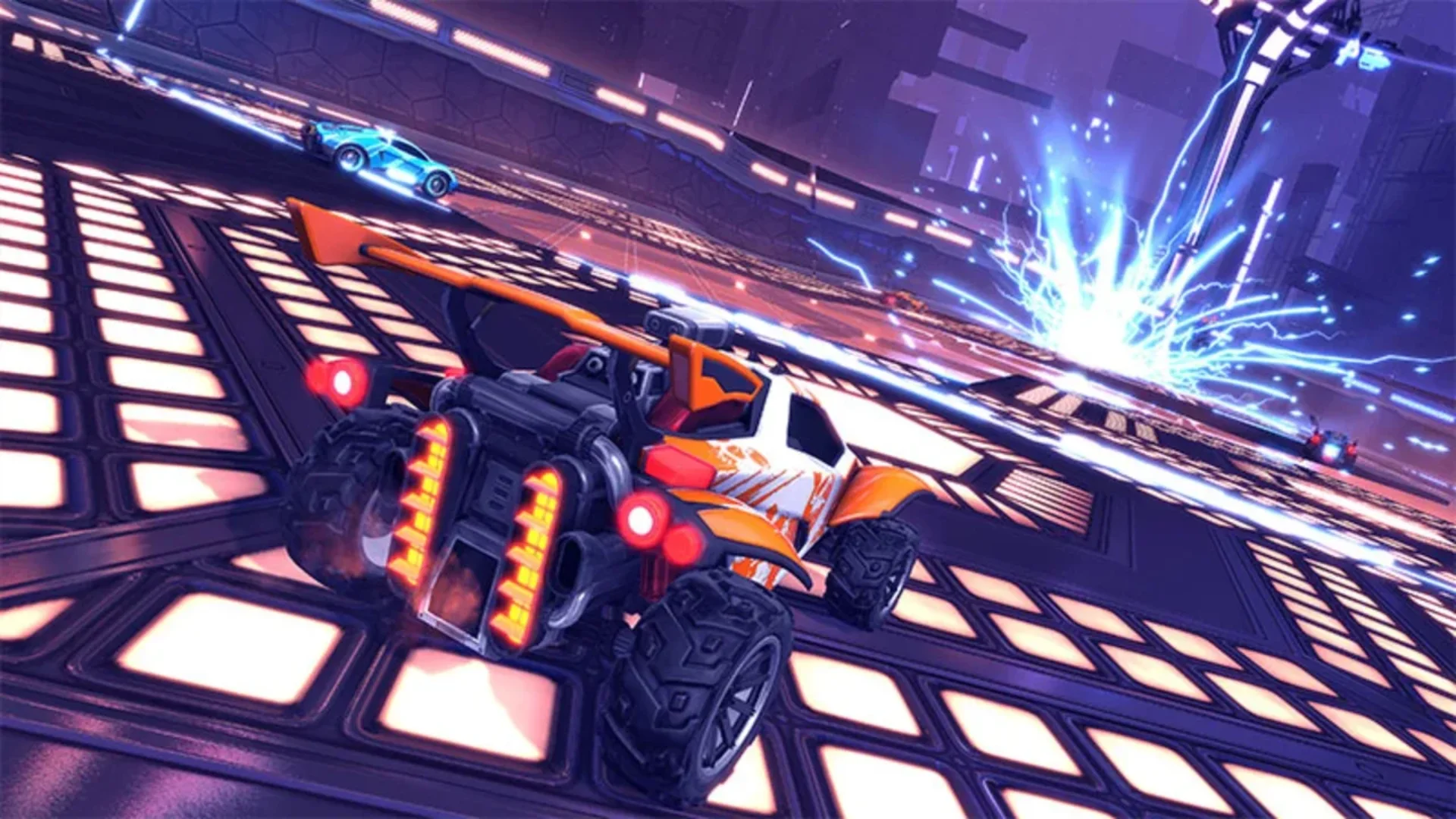 Rocket League gameplay shows rocket-powered cars speeding through a brightly lit futuristic arena filled with electric effects.