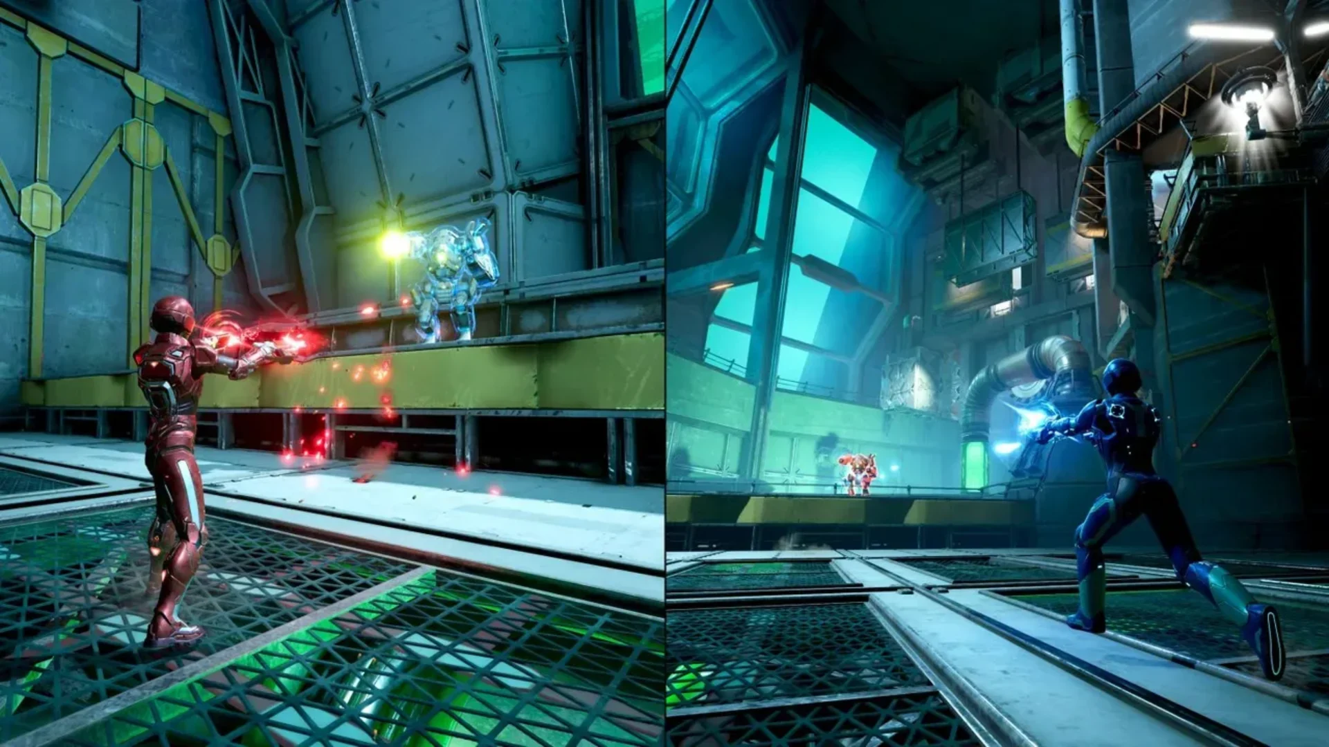 Split Fiction players fight enemies together inside a futuristic facility