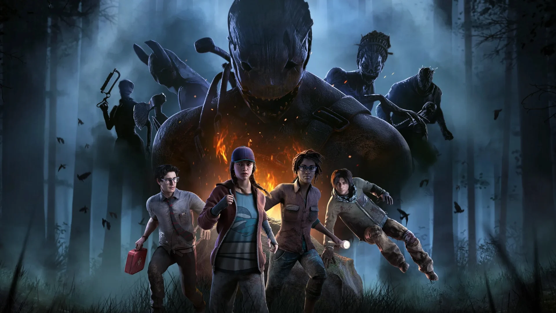 Dead by Daylight survivors standing before a group of killers in a dark forest