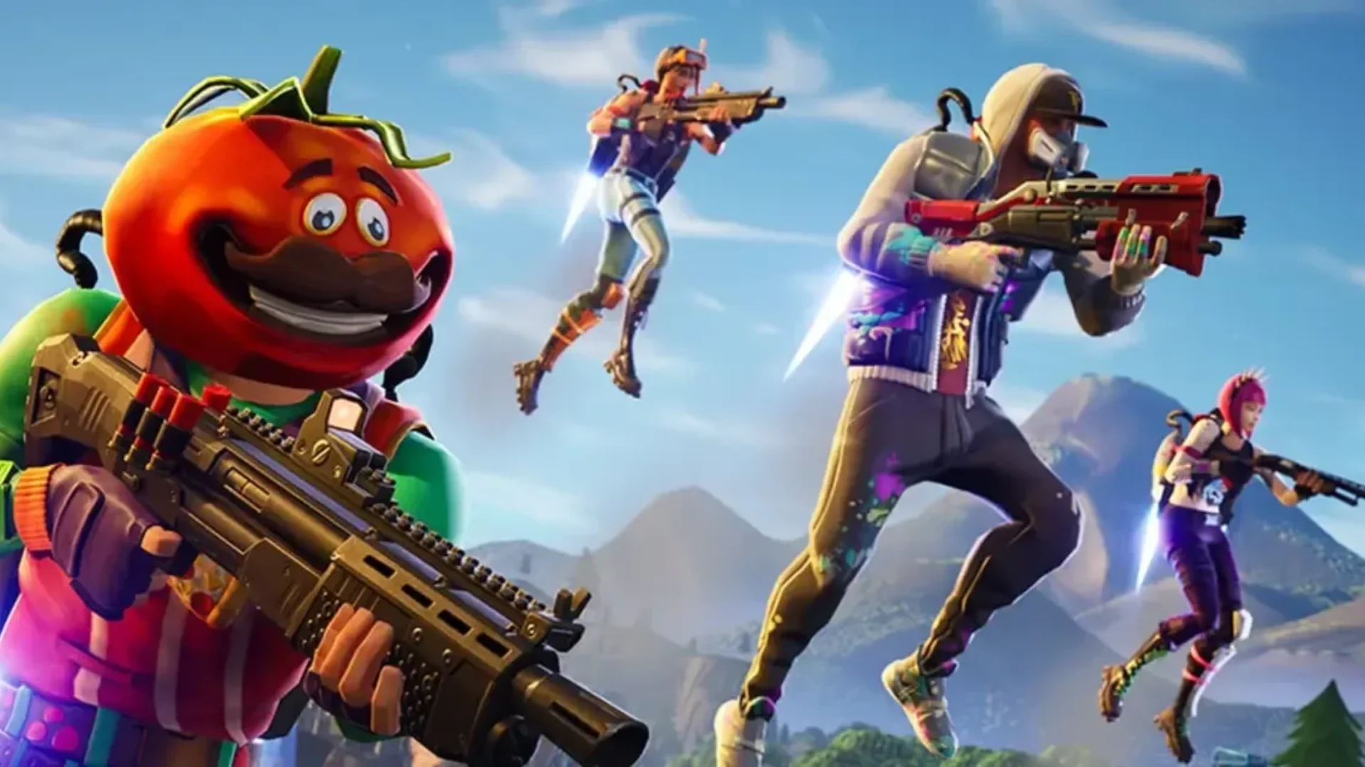 Fortnite characters carrying weapons and jumping through a bright outdoor battle scene