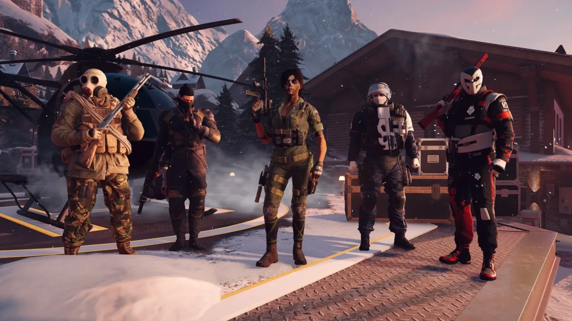 Rainbow Six Siege X operators posing with weapons beside a helicopter in the snow