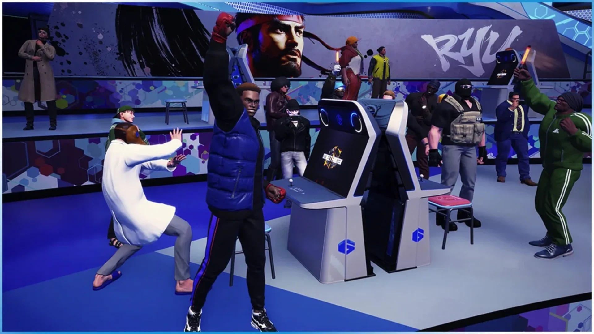 Street Fighter 6 avatars gathered around arcade cabinets inside the Battle Hub