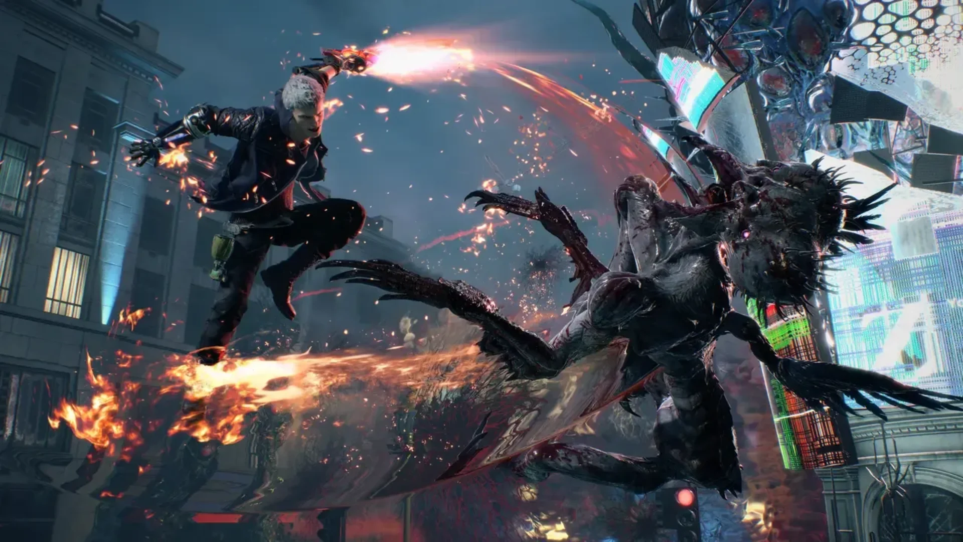 Nero attacks a large demon with a flaming sword in Devil May Cry 5
