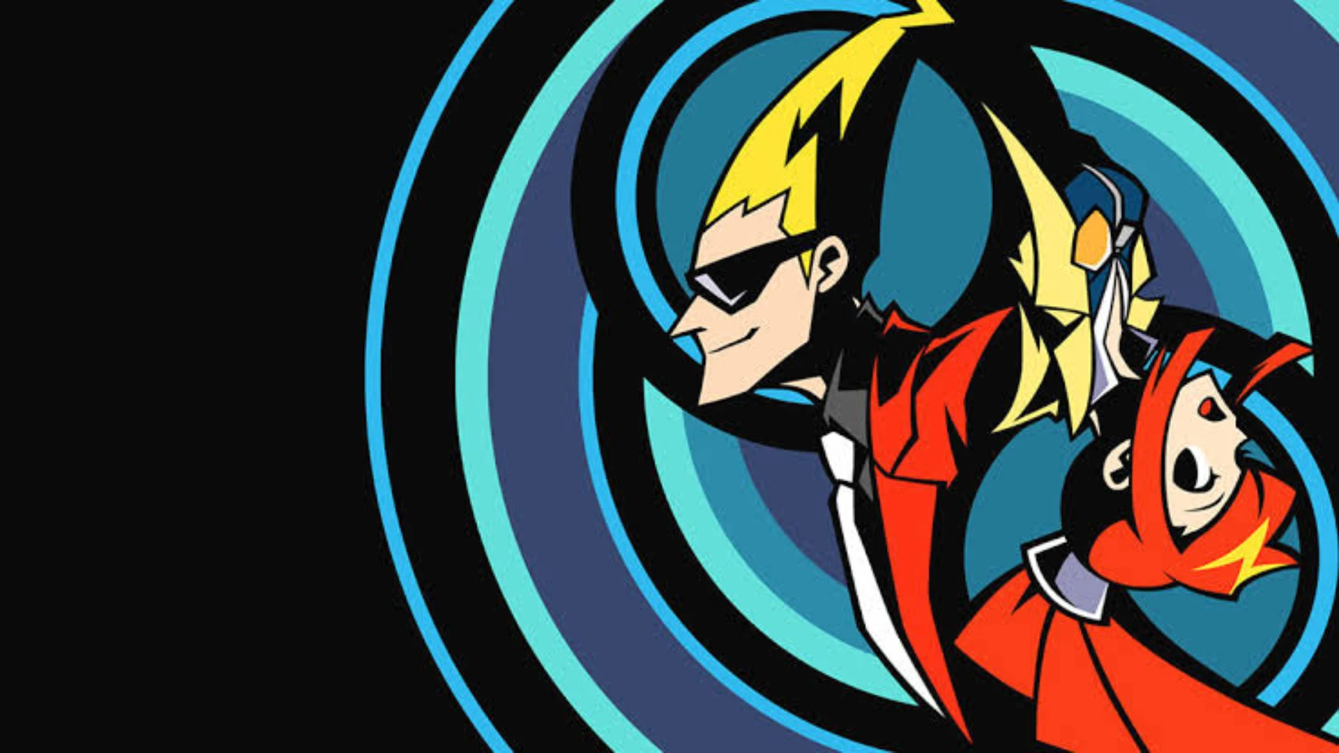 Stylized characters from Ghost Trick Phantom Detective against a blue circular background