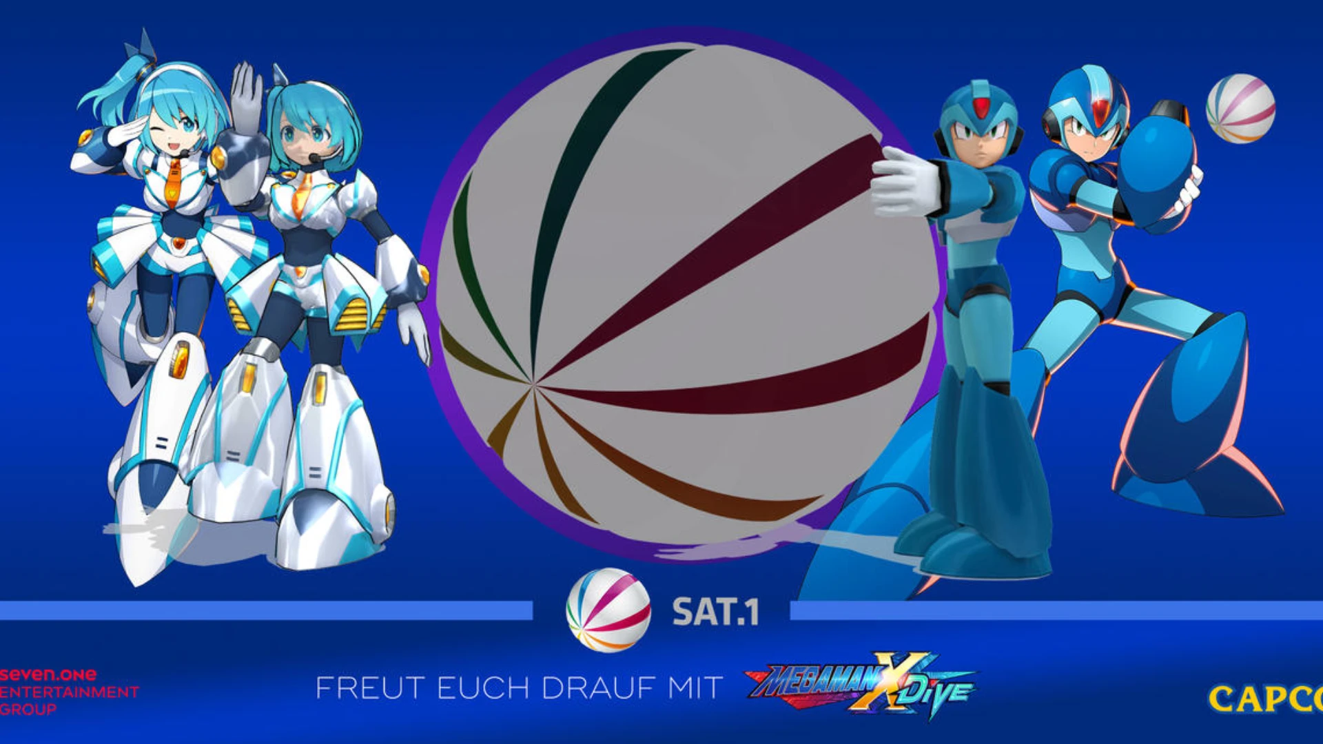Mega Man X characters beside a large ball in Mega Man X DiVE promotional artwork