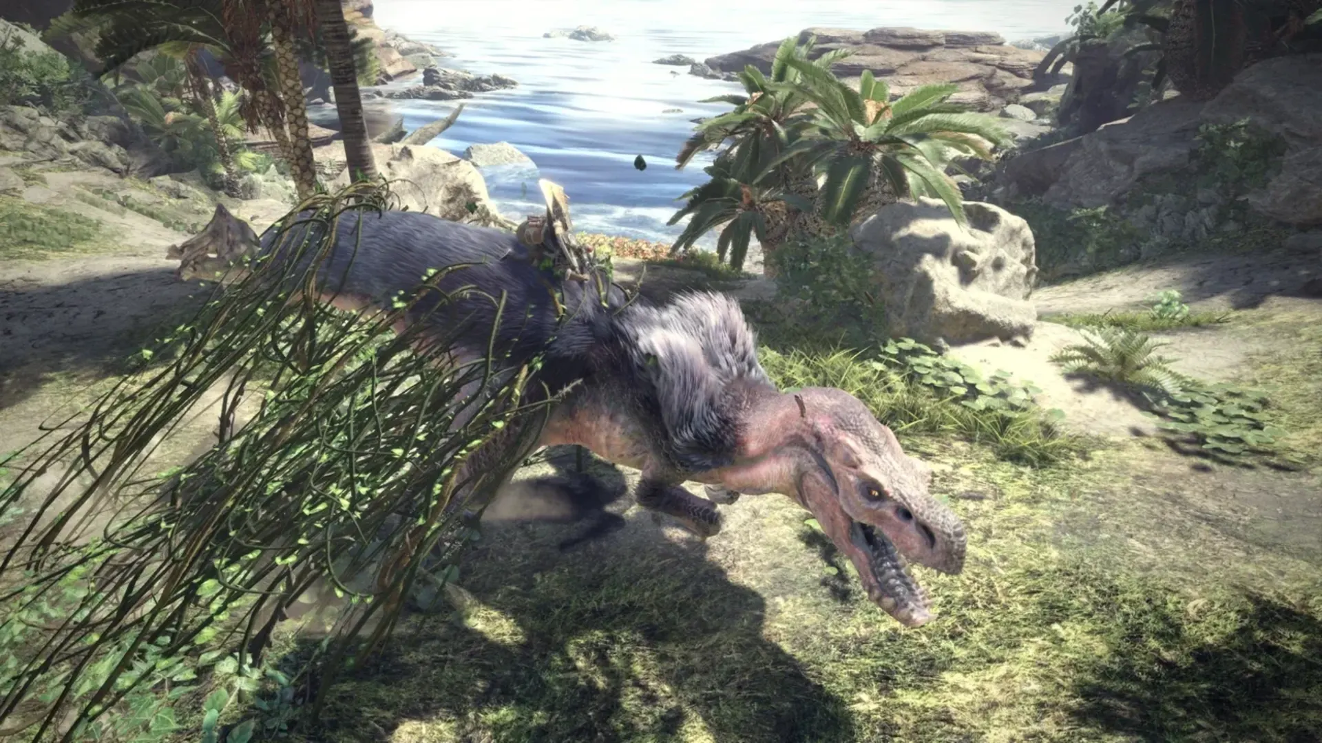 Deviljho moves through a tropical area in Monster Hunter World