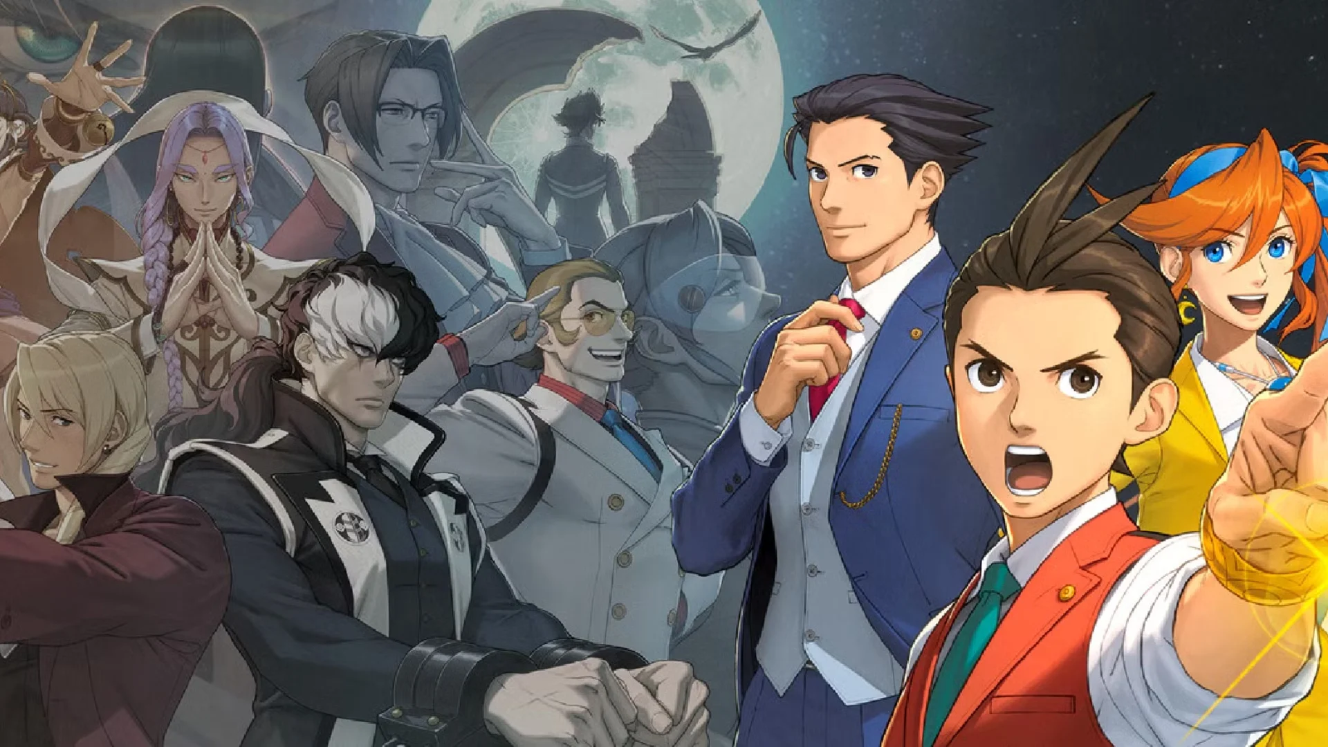 Phoenix Wright and other Ace Attorney characters gathered in promotional artwork