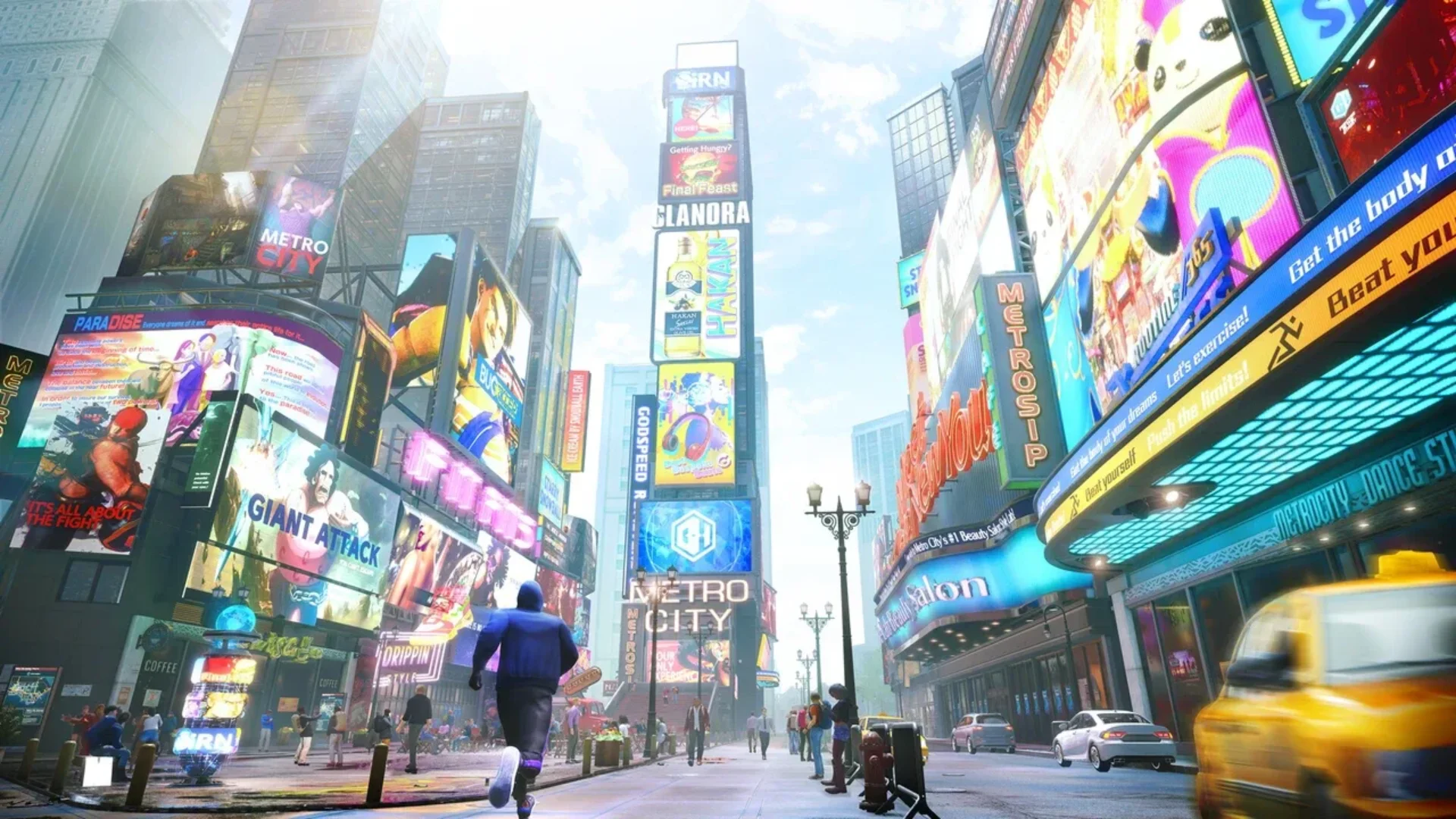 Player character runs through the bright streets of Metro City in Street Fighter 6