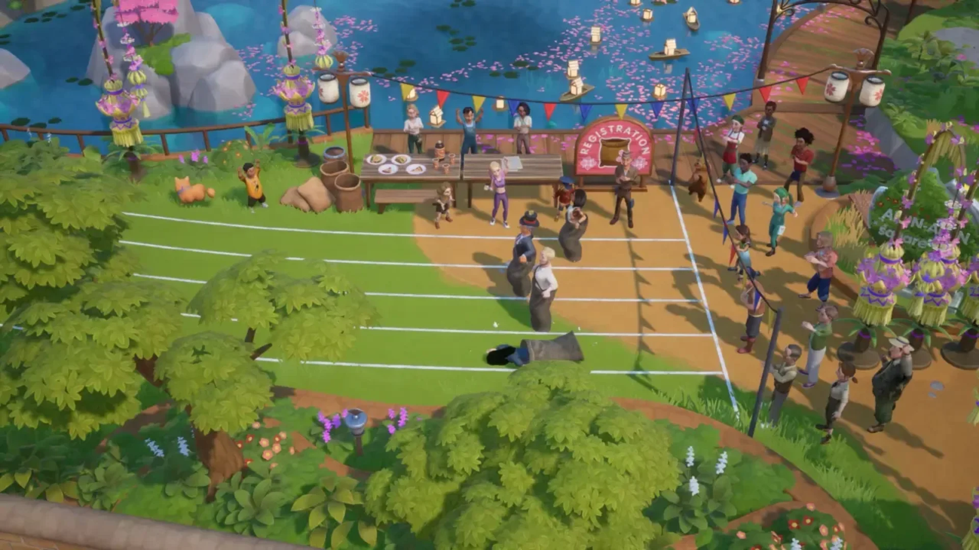 Coral Island residents gather beside the water for a colorful outdoor festival and sack race.