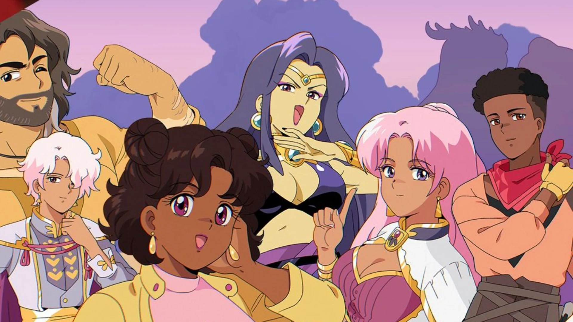 A colorful group of Fields of Mistria characters pose together against a pastel background.