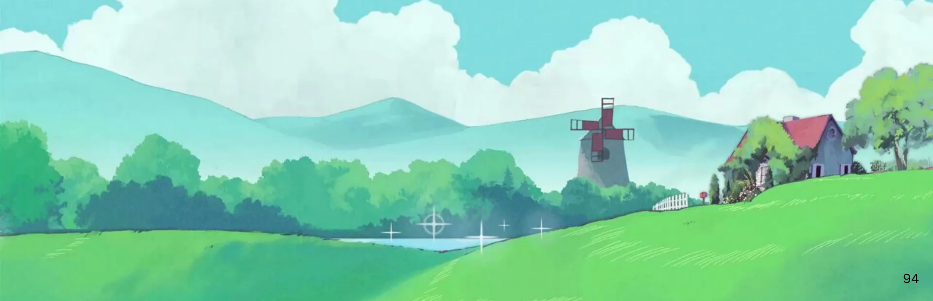 A green farming landscape with rolling hills, a windmill and a farmhouse beneath a bright blue sky.