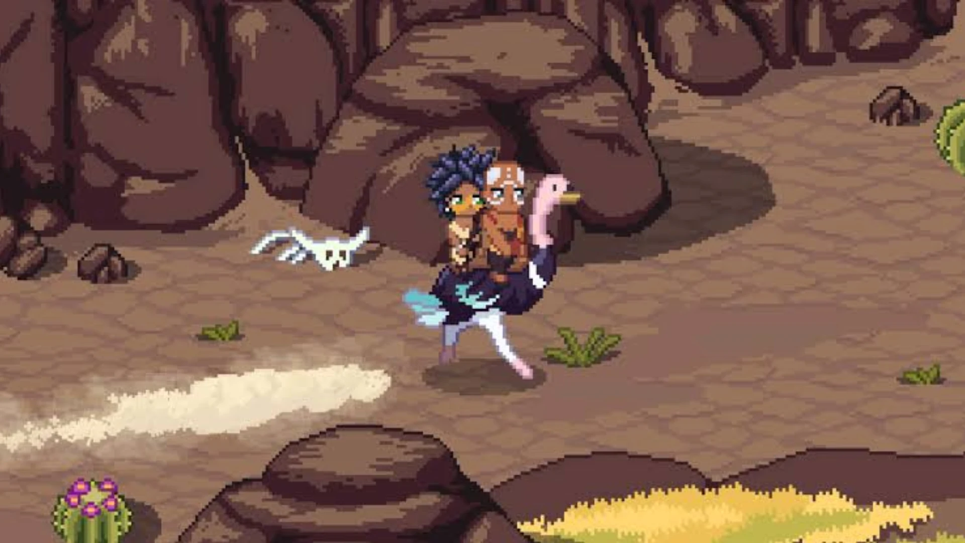 A Roots of Pacha character rides an ostrich through a rocky desert area in pixel-art gameplay.