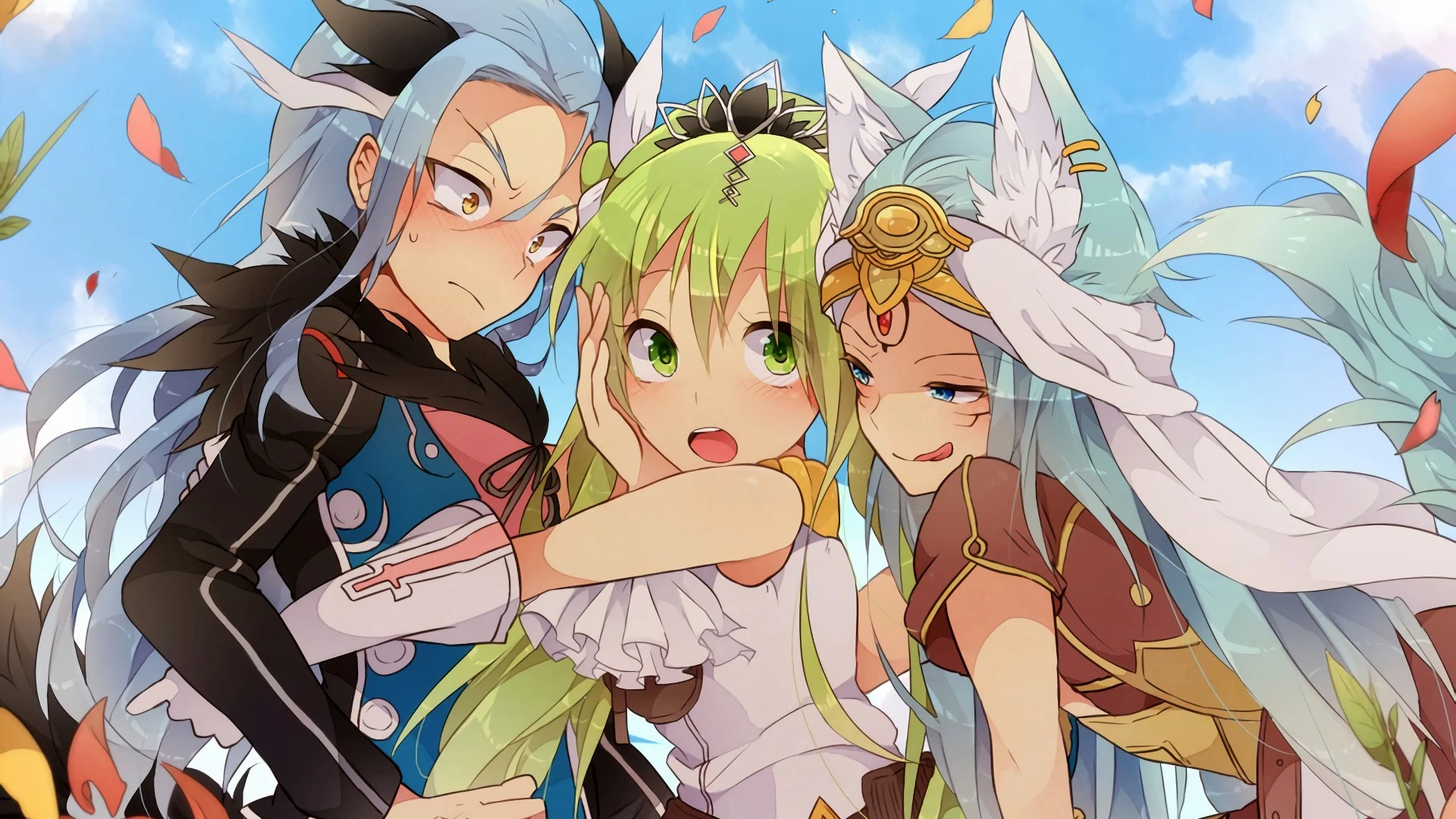 Three Rune Factory 4 Special characters pose closely together beneath a bright blue sky.