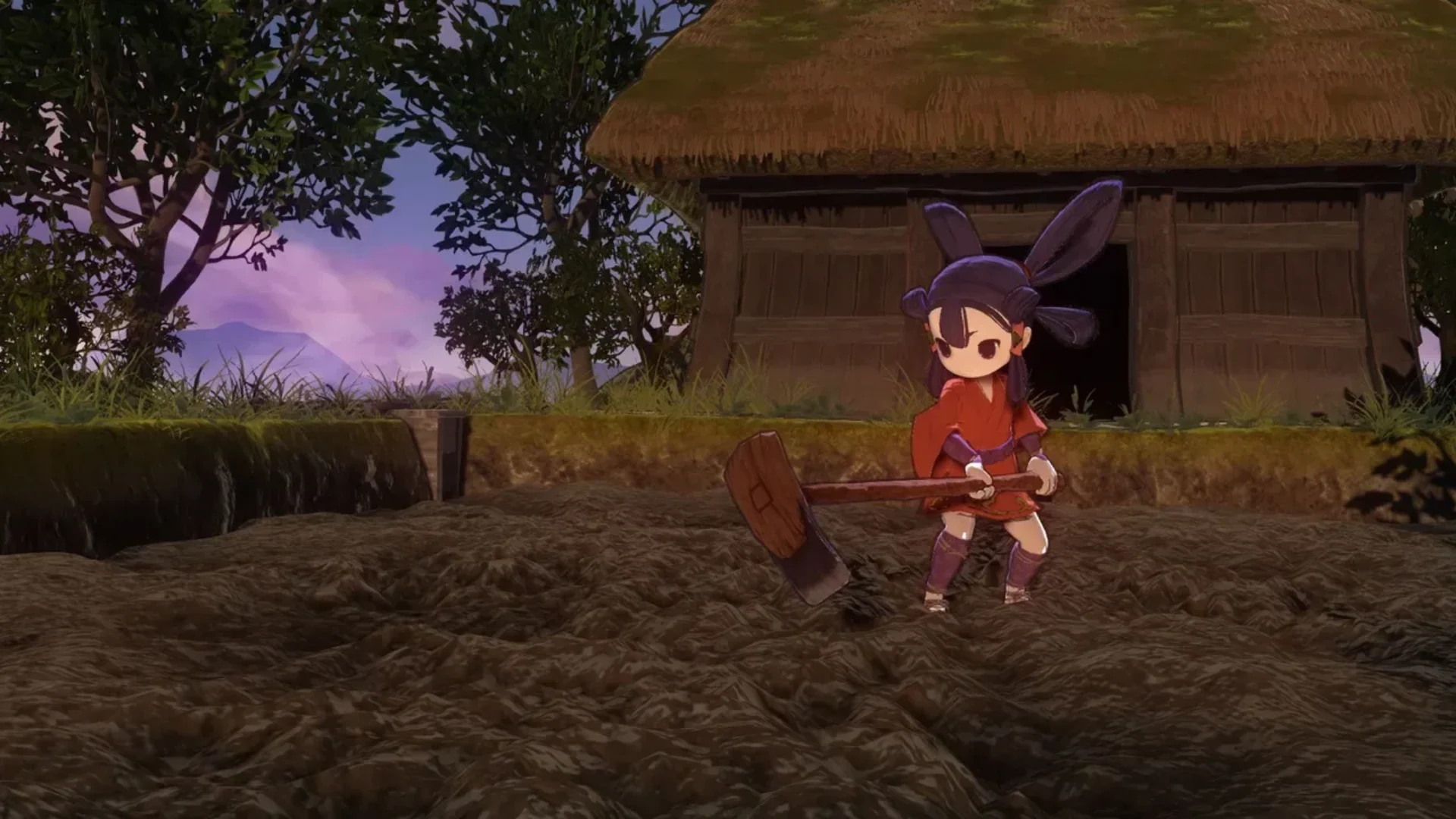 Sakuna tills a rice field with a farming tool beside a traditional wooden house.