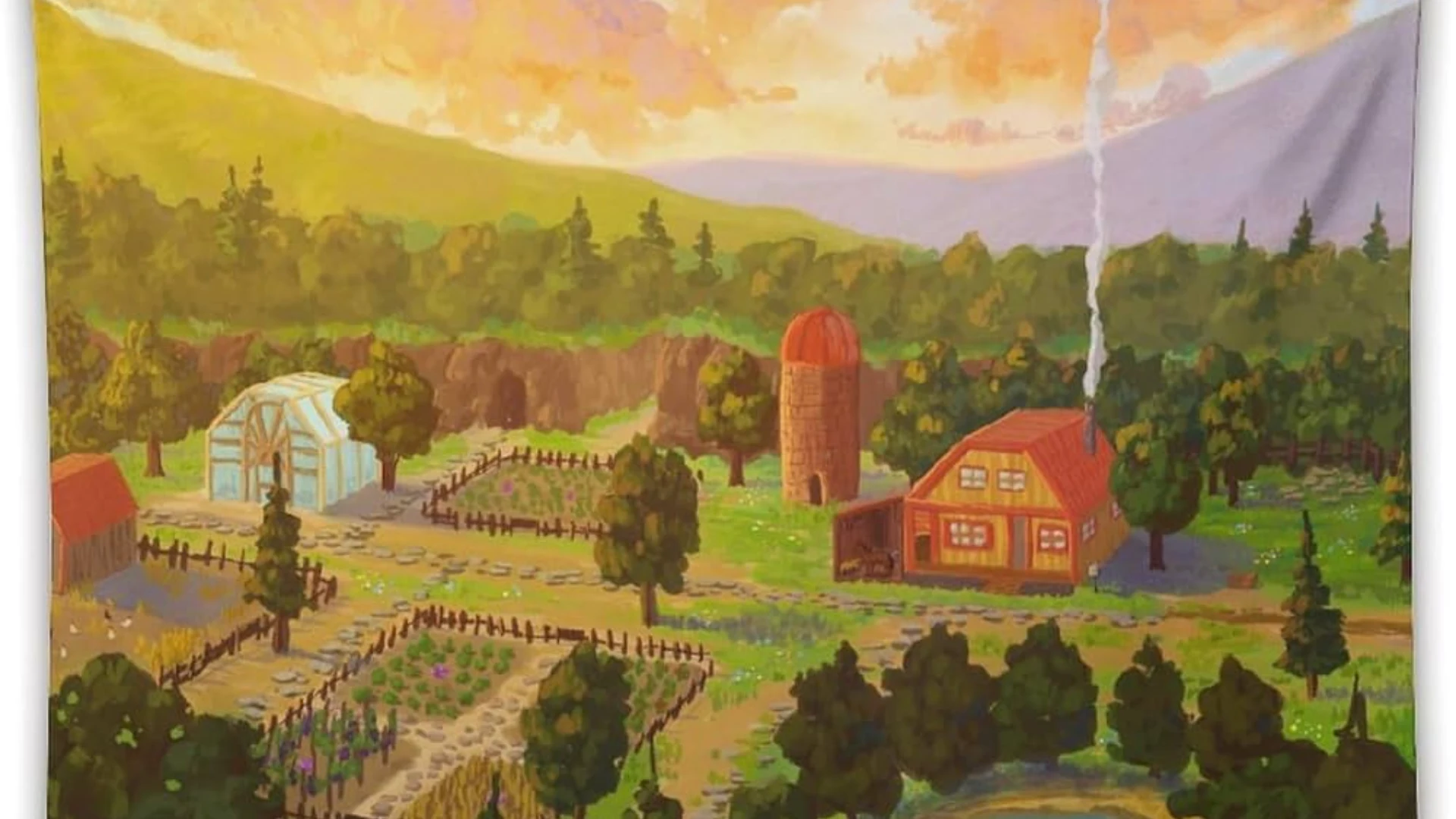 A colorful Stardew Valley farm with crops, a greenhouse, silo and farmhouse surrounded by trees.