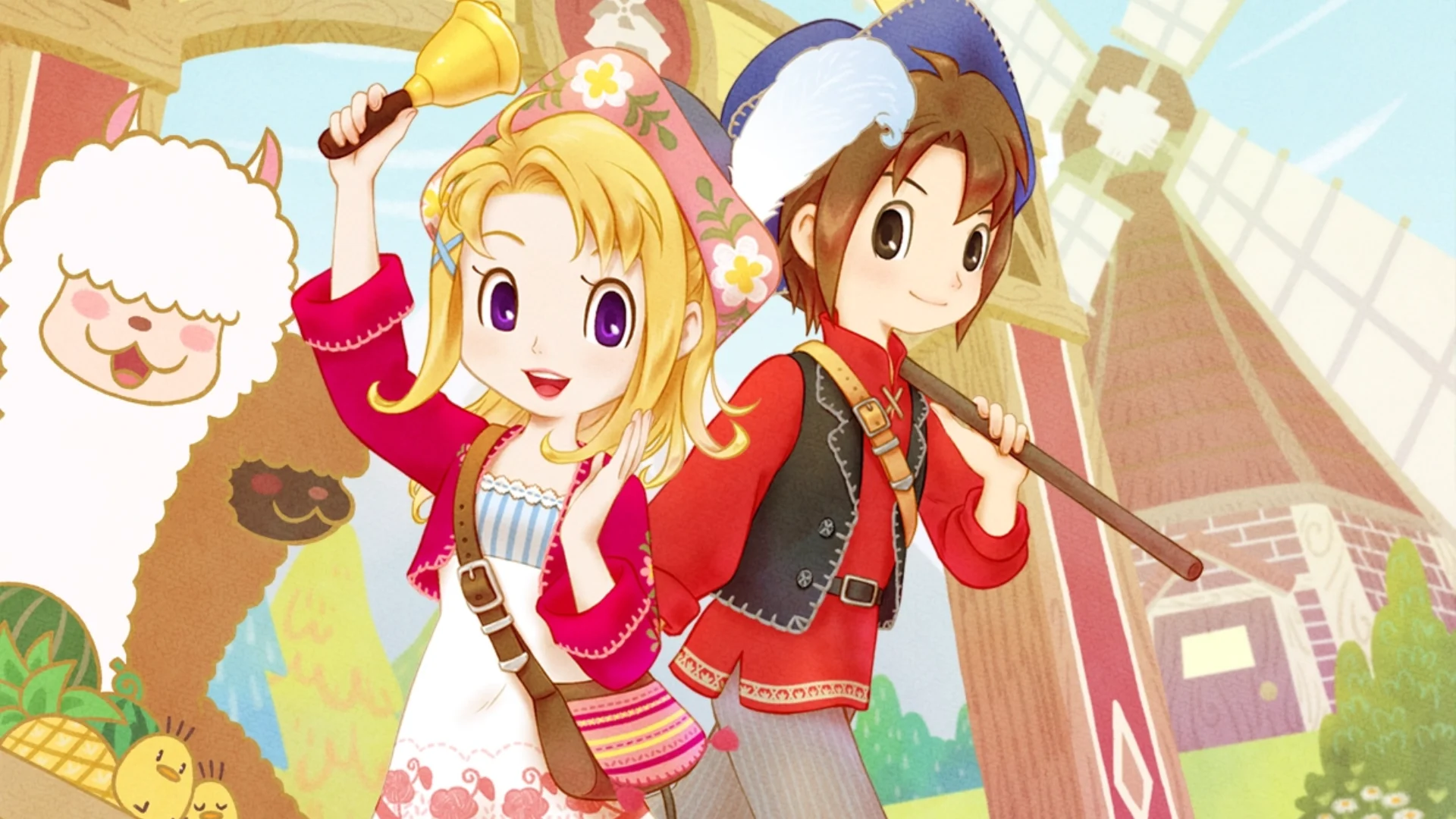 Two Story of Seasons: Grand Bazaar farmers pose with tools beside a sheep and windmill.