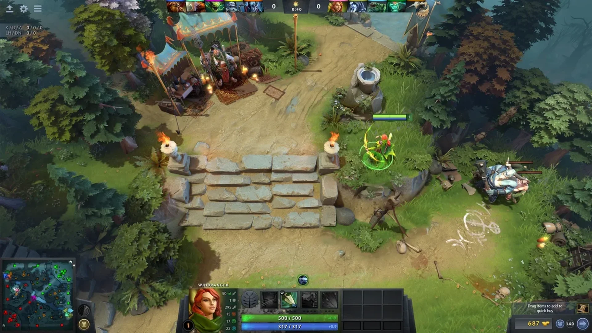 Windranger standing near a forest path and shop area in Dota 2