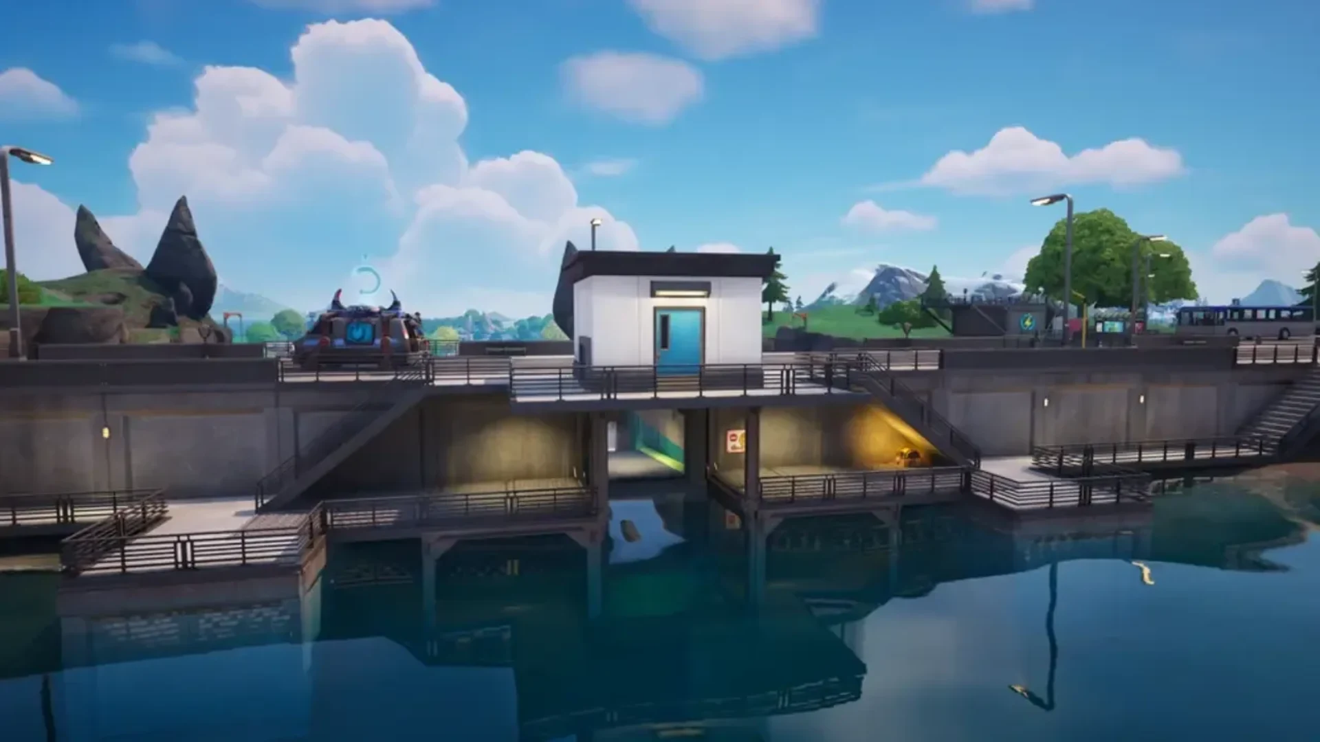 Fortnite waterfront facility with a Reboot Van beside the upper walkway