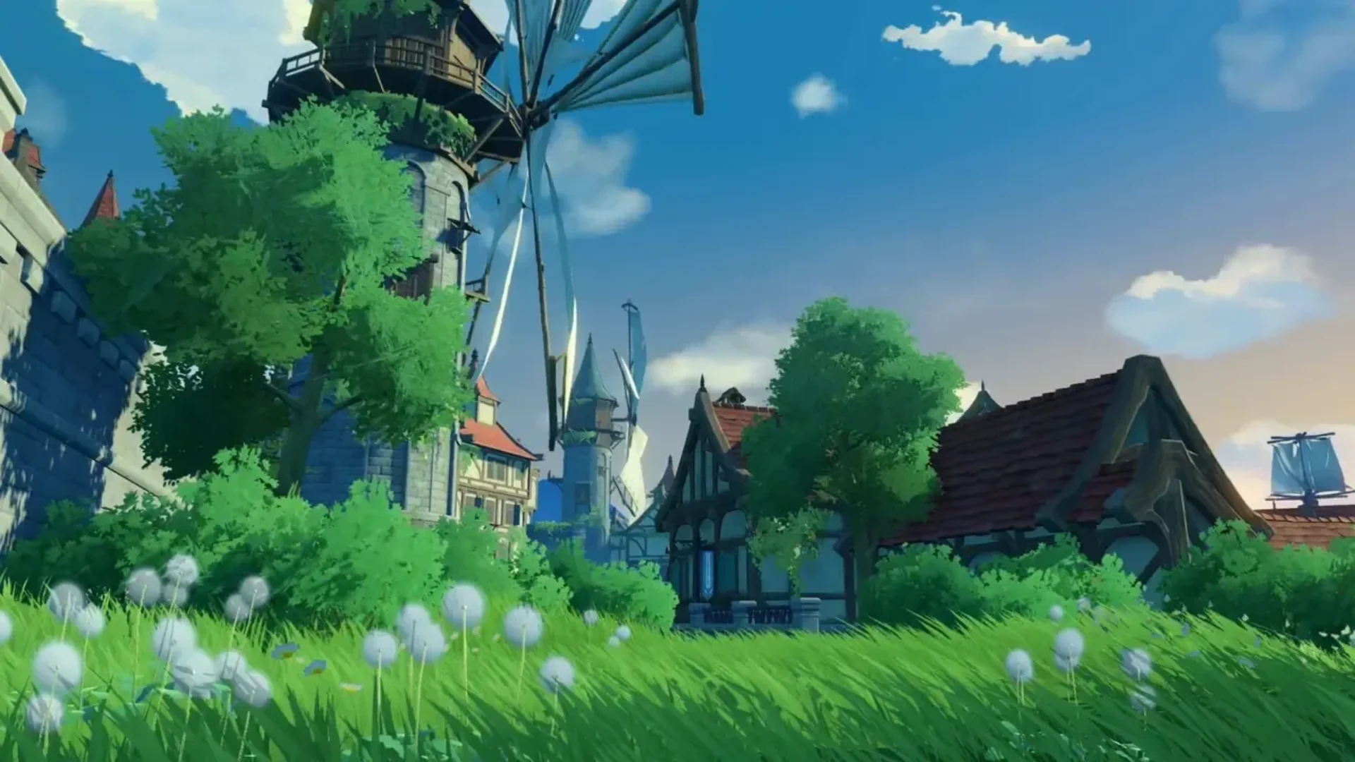 Mondstadt windmill surrounded by green trees and buildings in Genshin Impact