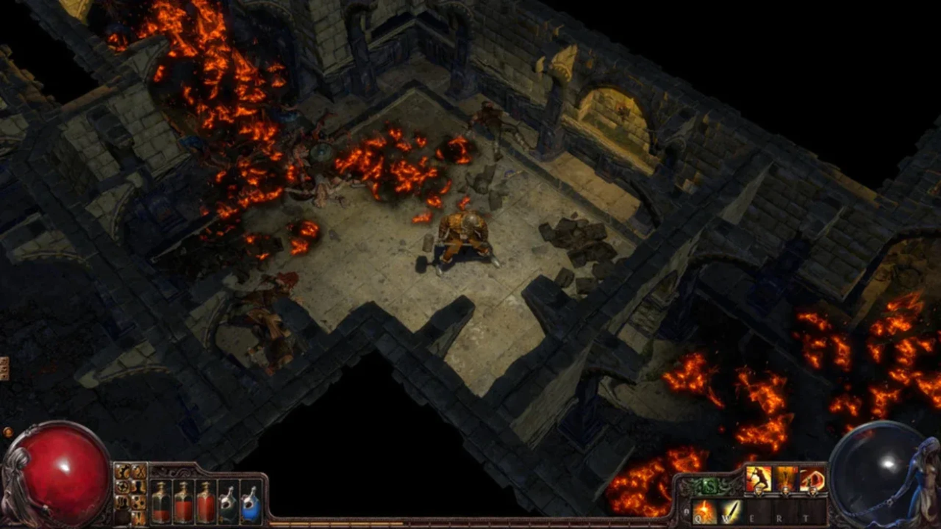 Path of Exile character fighting inside a dark dungeon surrounded by flames
