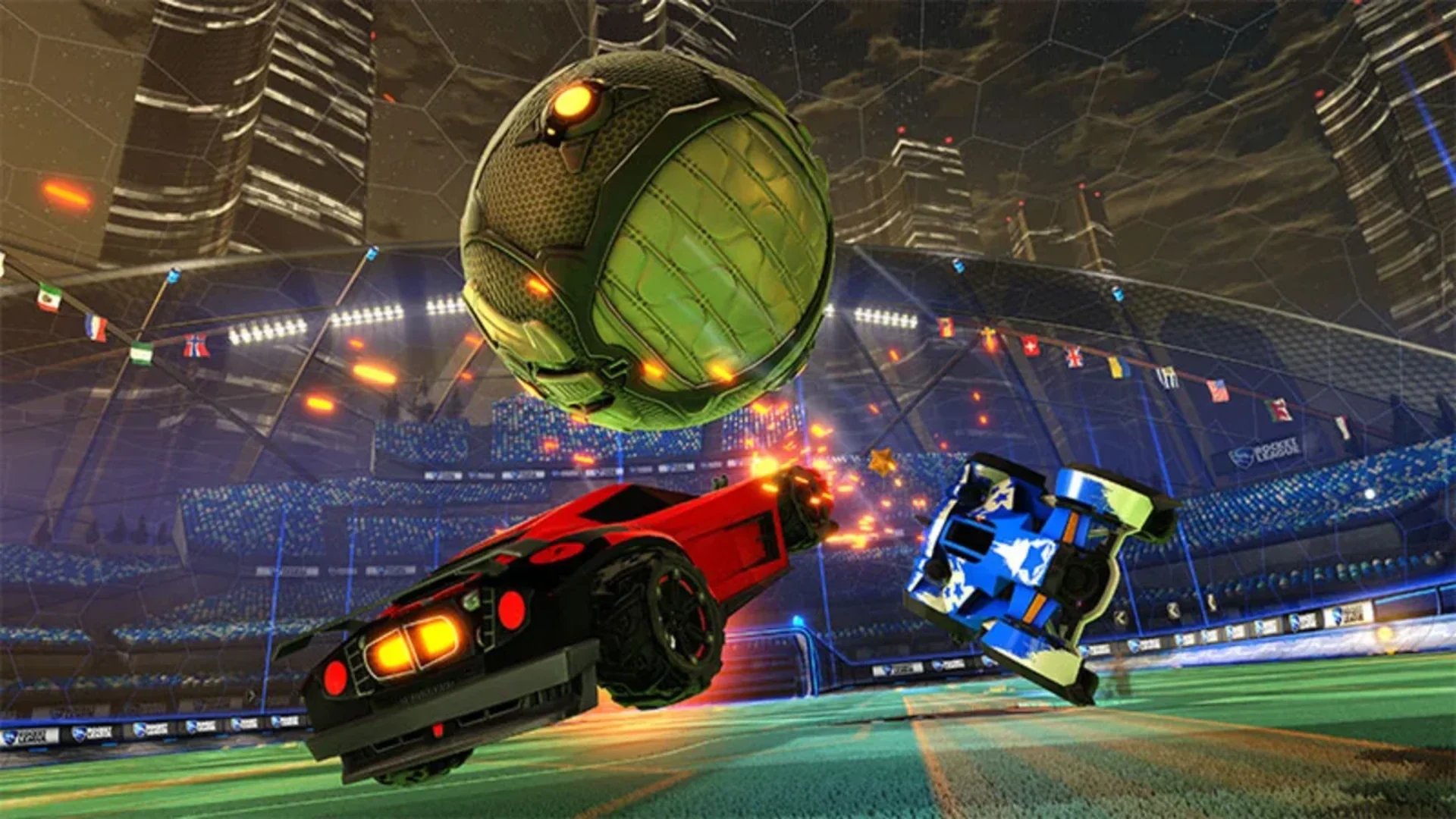 Red and blue Rocket League cars jumping toward a large ball inside an arena