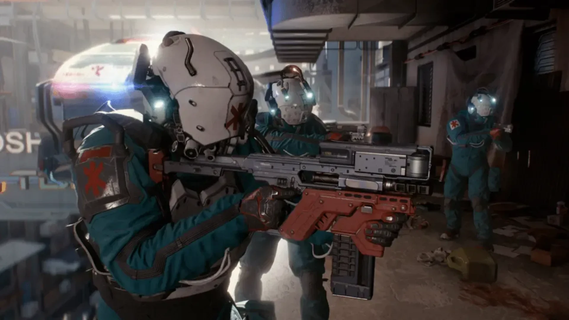 Armed Trauma Team soldiers wearing helmets and medical gear in Cyberpunk 2077