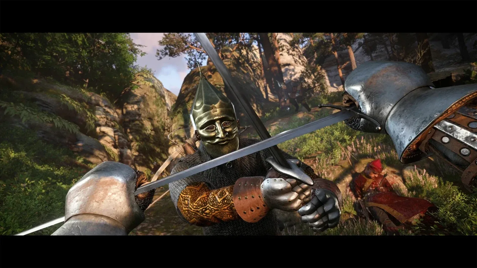 Armored fighters crossing swords during combat in Kingdom Come Deliverance II