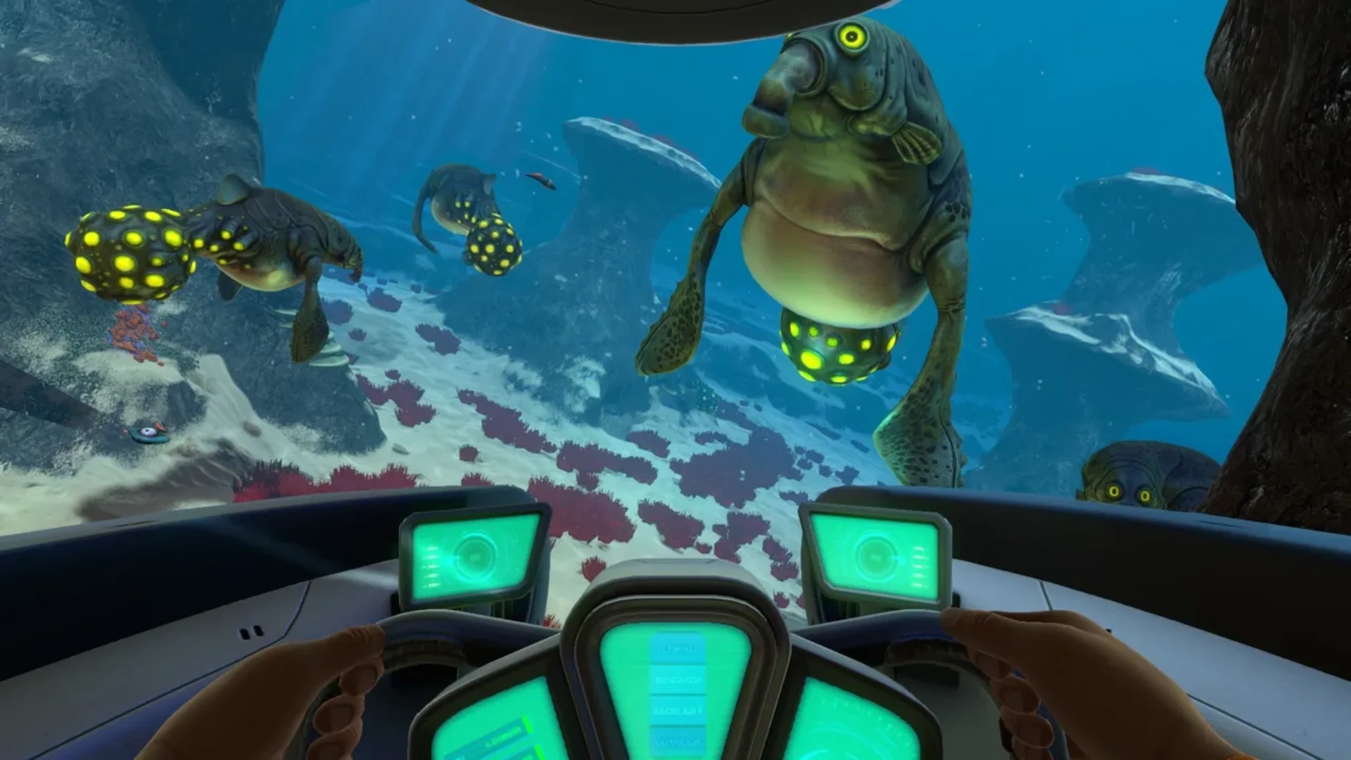 Subnautica escape pod floating near the damaged Aurora spacecraft at sunset