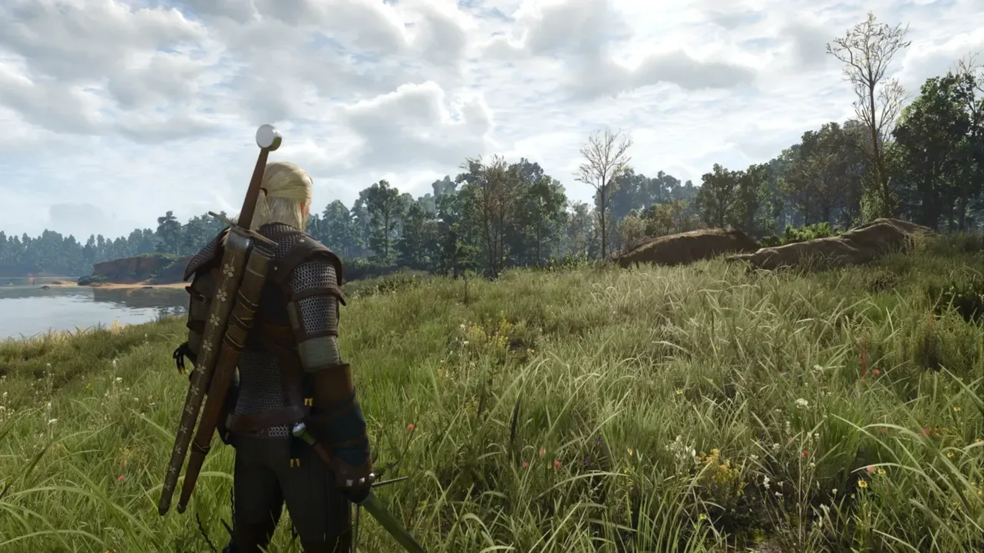Geralt standing in a grassy countryside beside a lake in The Witcher 3
