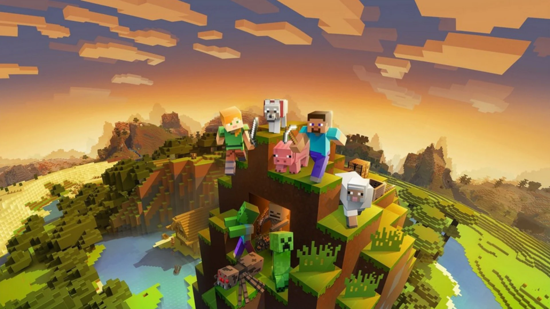 Minecraft characters and creatures stand on a grassy hill overlooking the Overworld