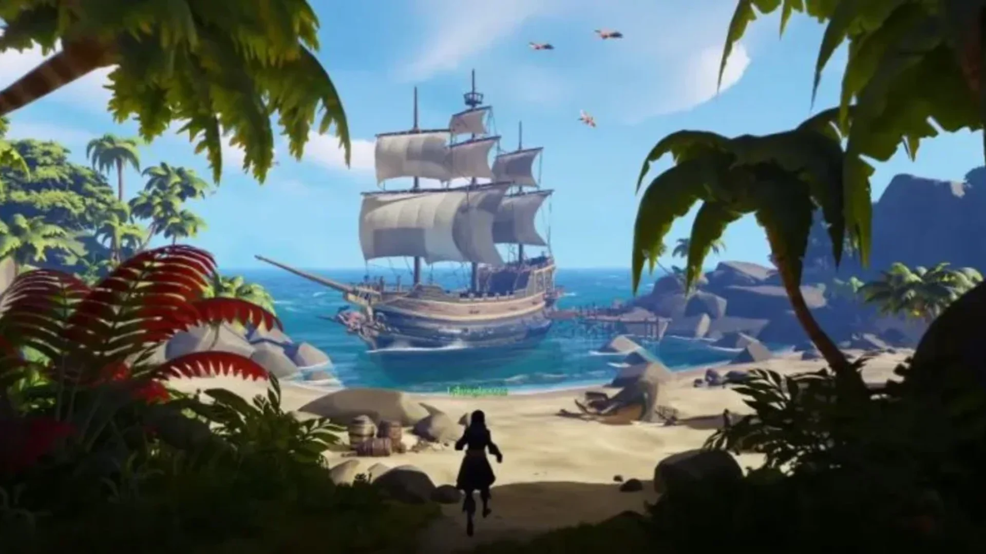 Sea of Thieves pirate ship sails toward a tropical island surrounded by palm trees