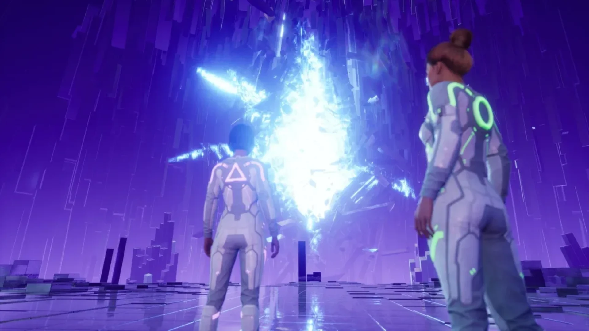 Split Fiction characters stand before a bright digital figure in a purple virtual world