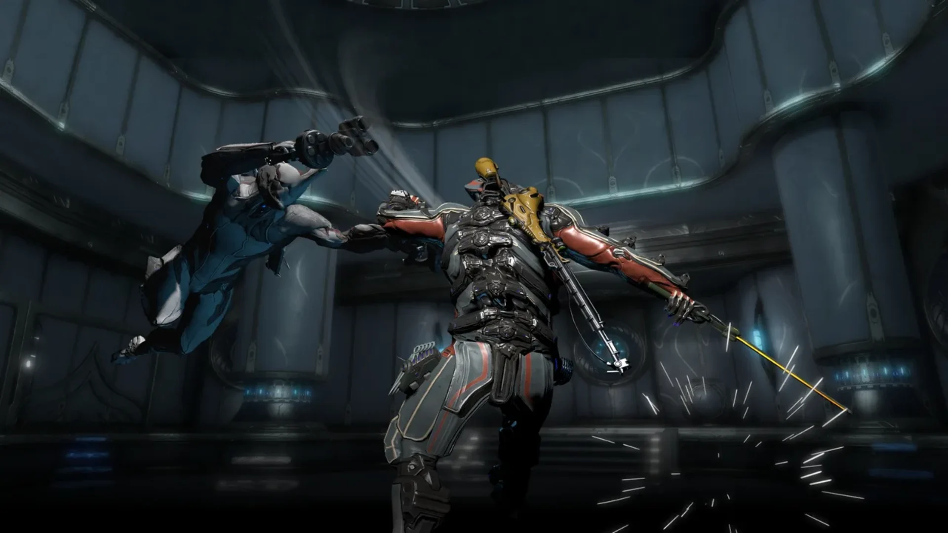 Warframe characters clash in melee combat inside a dark futuristic chamber