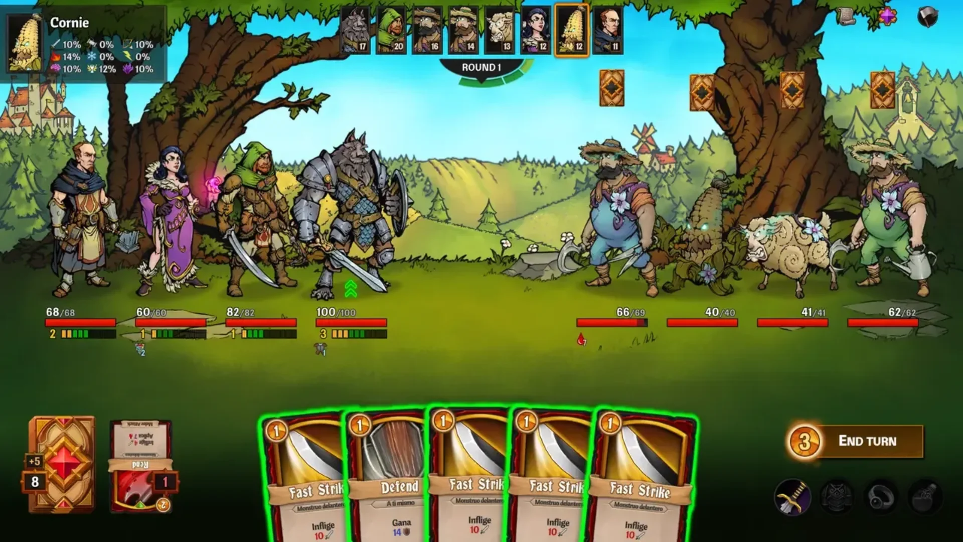 Four heroes face a group of enemies during a card battle in Across the Obelisk.