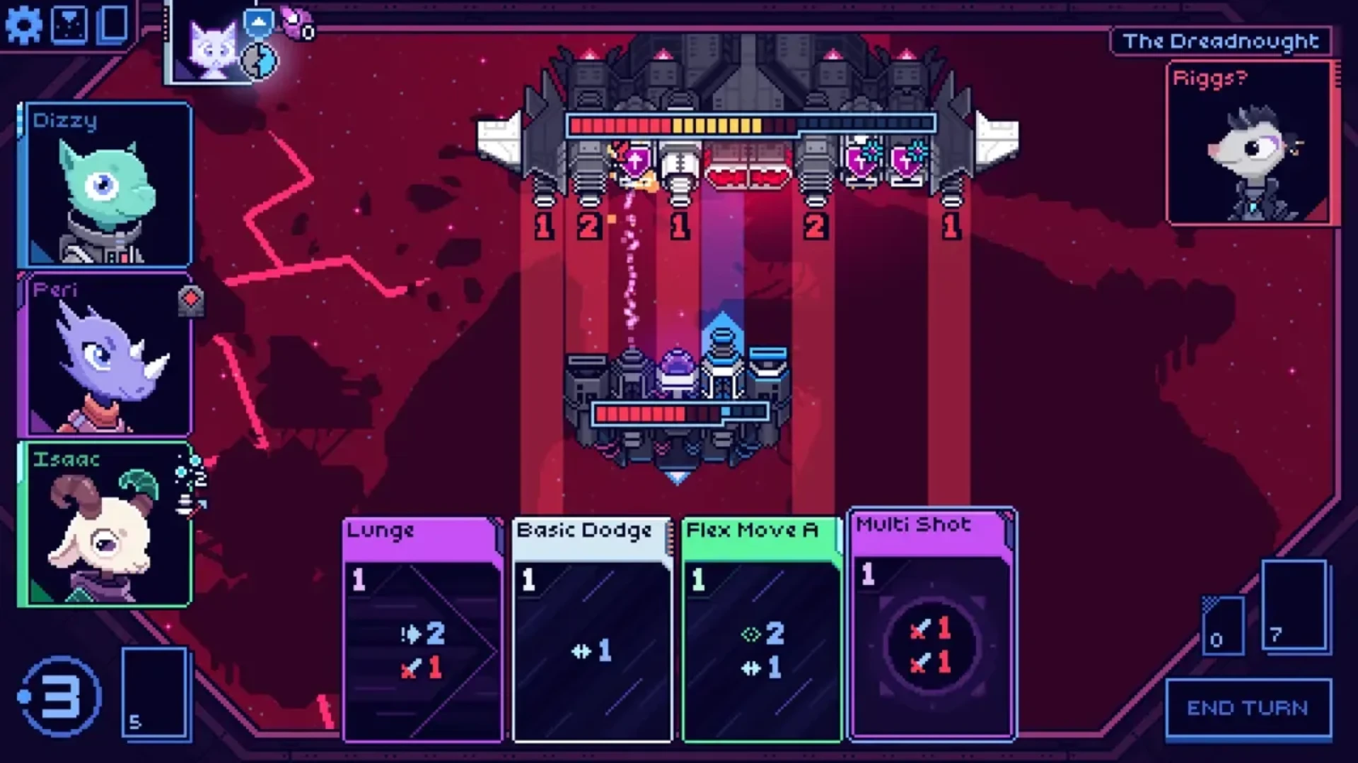 A Cobalt Core ship faces the Dreadnought while movement and attack cards fill the player's hand.