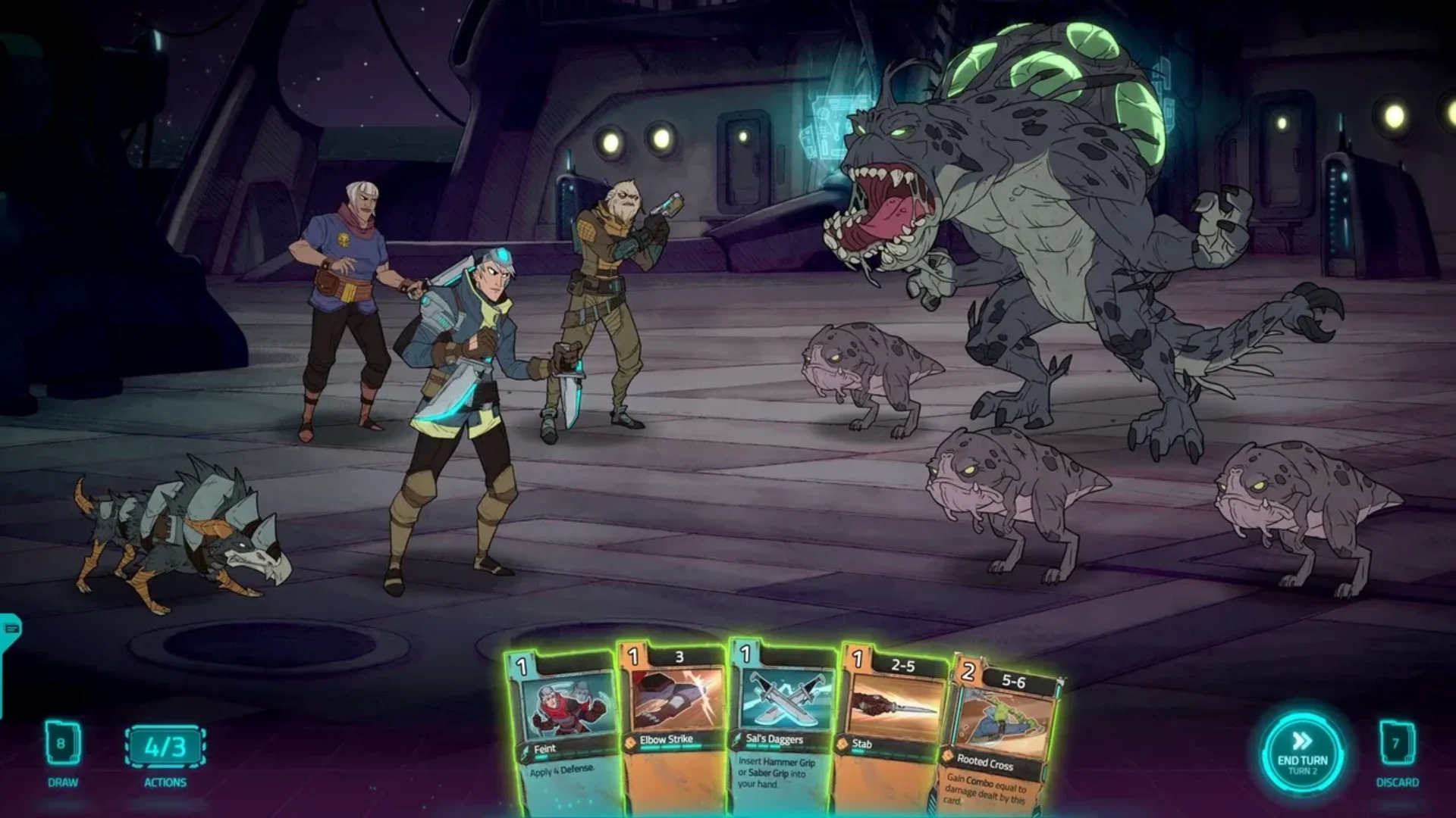 Three characters confront a large alien creature and smaller enemies during combat in Griftlands.