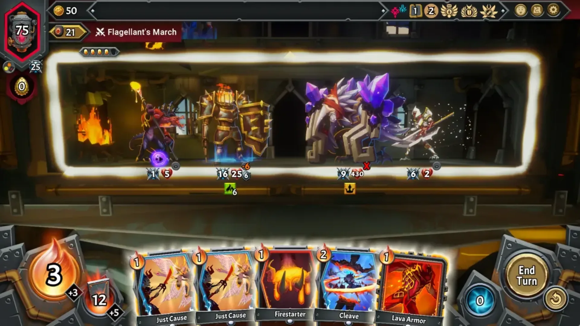 Monster Train 2 gameplay shows allied and enemy units fighting on a train floor with cards ready below.