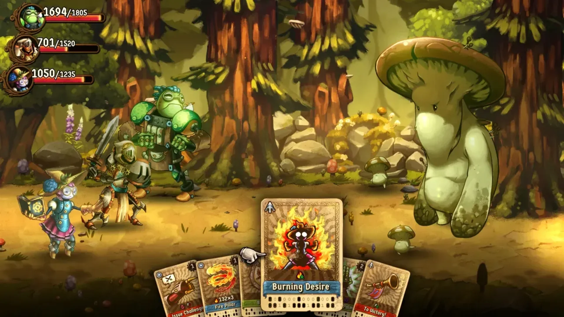 Three steambot heroes fight a giant mushroom enemy in SteamWorld Quest: Hand of Gilgamech.
