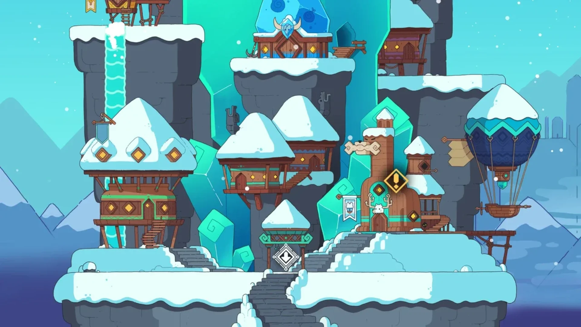 Wildfrost's snowy village map shows wooden buildings, icy cliffs, pathways, and a hot-air balloon.