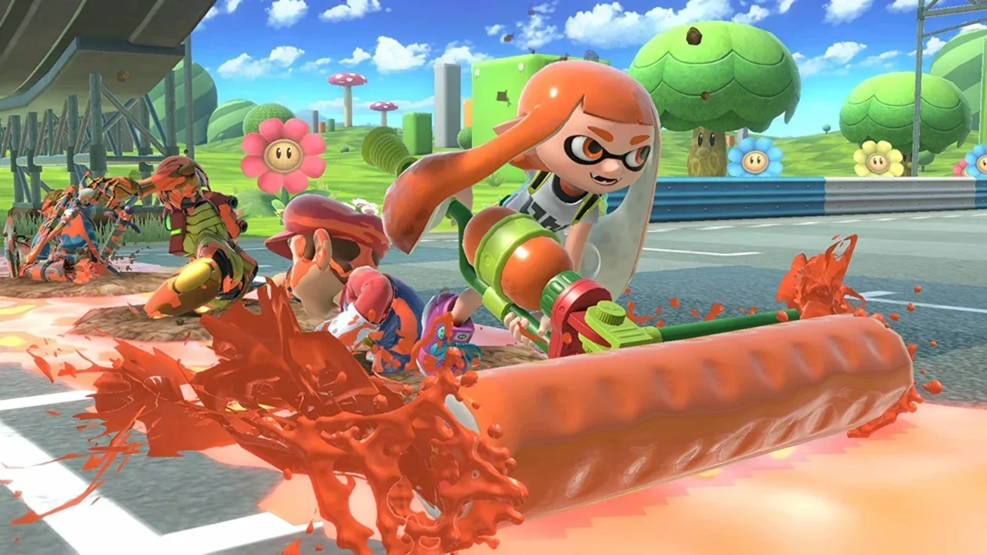 Inkling swings an ink-covered roller at Mario during a Super Smash Bros. Ultimate battle.
