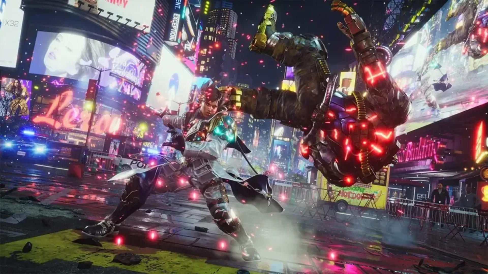 A Tekken 8 fighter launches an armored opponent through the air during a battle in a neon-lit city arena.