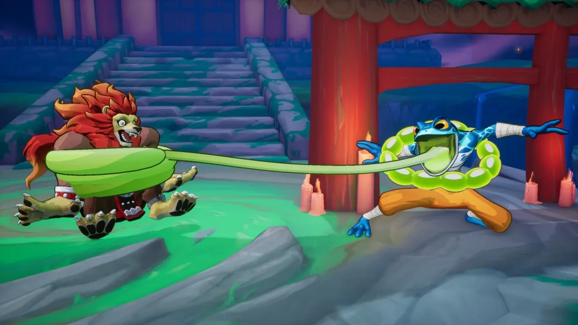 Ranno strikes Zetterburn with an extended tongue attack during a Rivals of Aether II match.