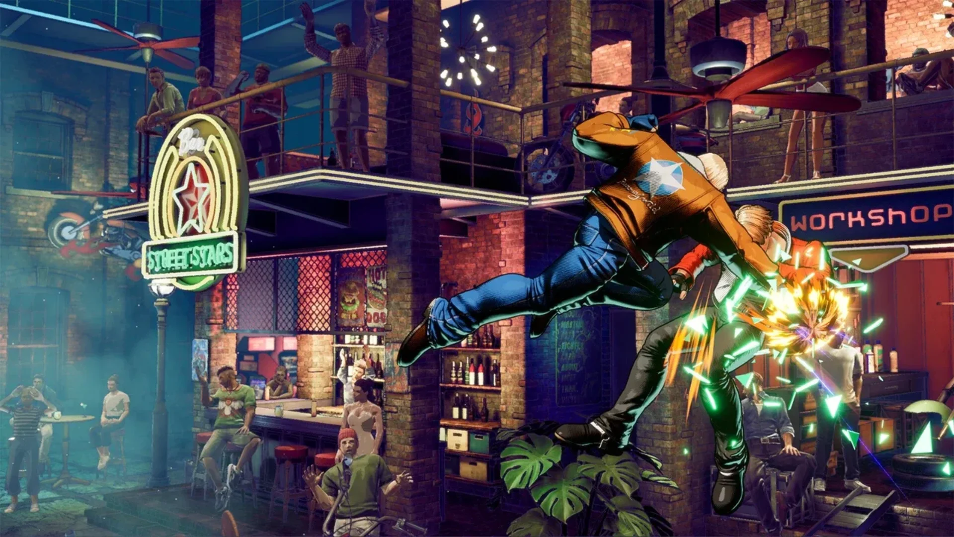 A fighter lands an airborne attack on an opponent inside a crowded bar in Fatal Fury: City of the Wolves.